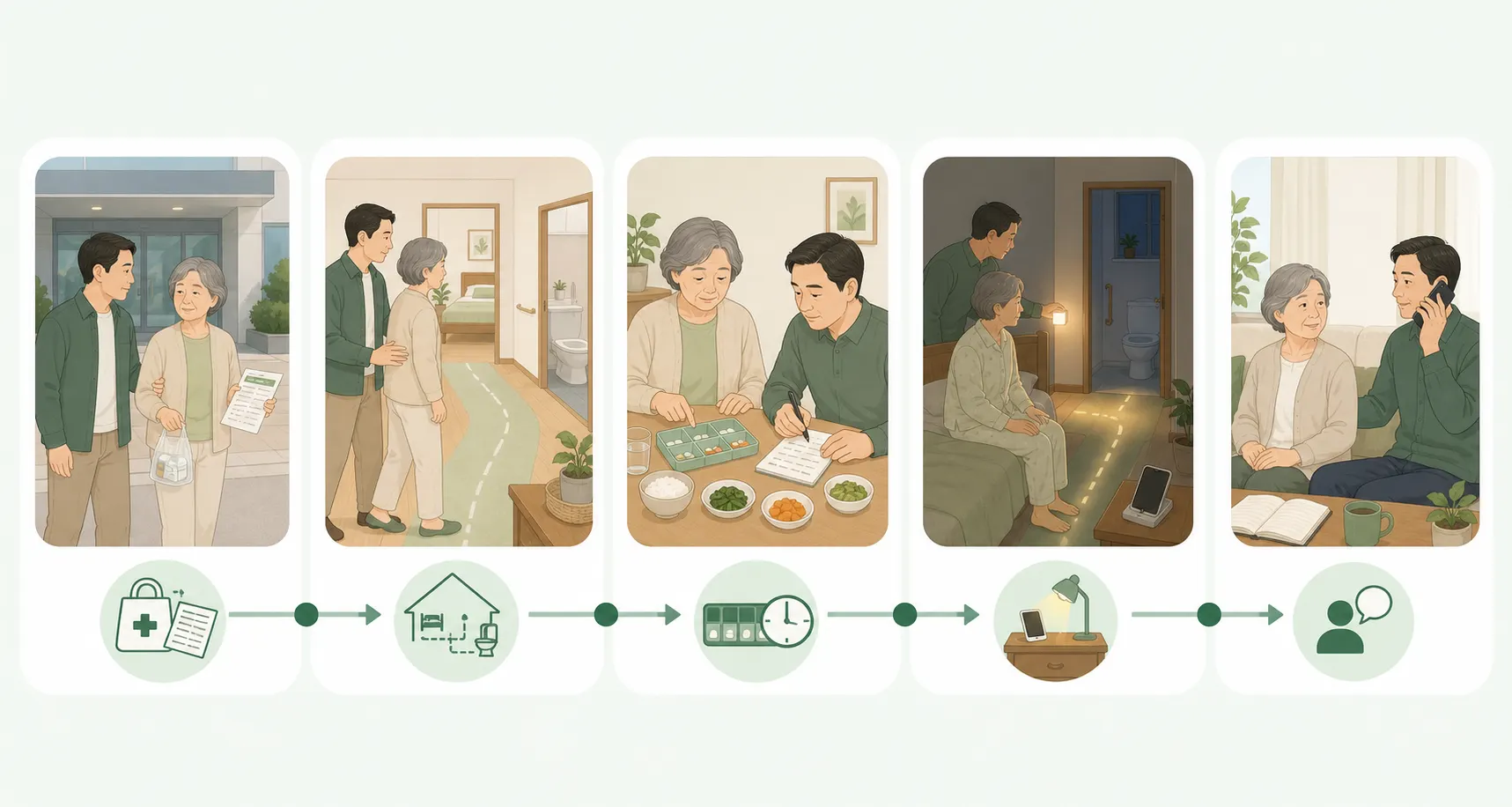 퇴원 직전부터 다음 날 아침까지 귀가 동선, 식사와 복약 기록, 야간 조명, 전화 문의 순서를 보여 주는 5단계 그림
